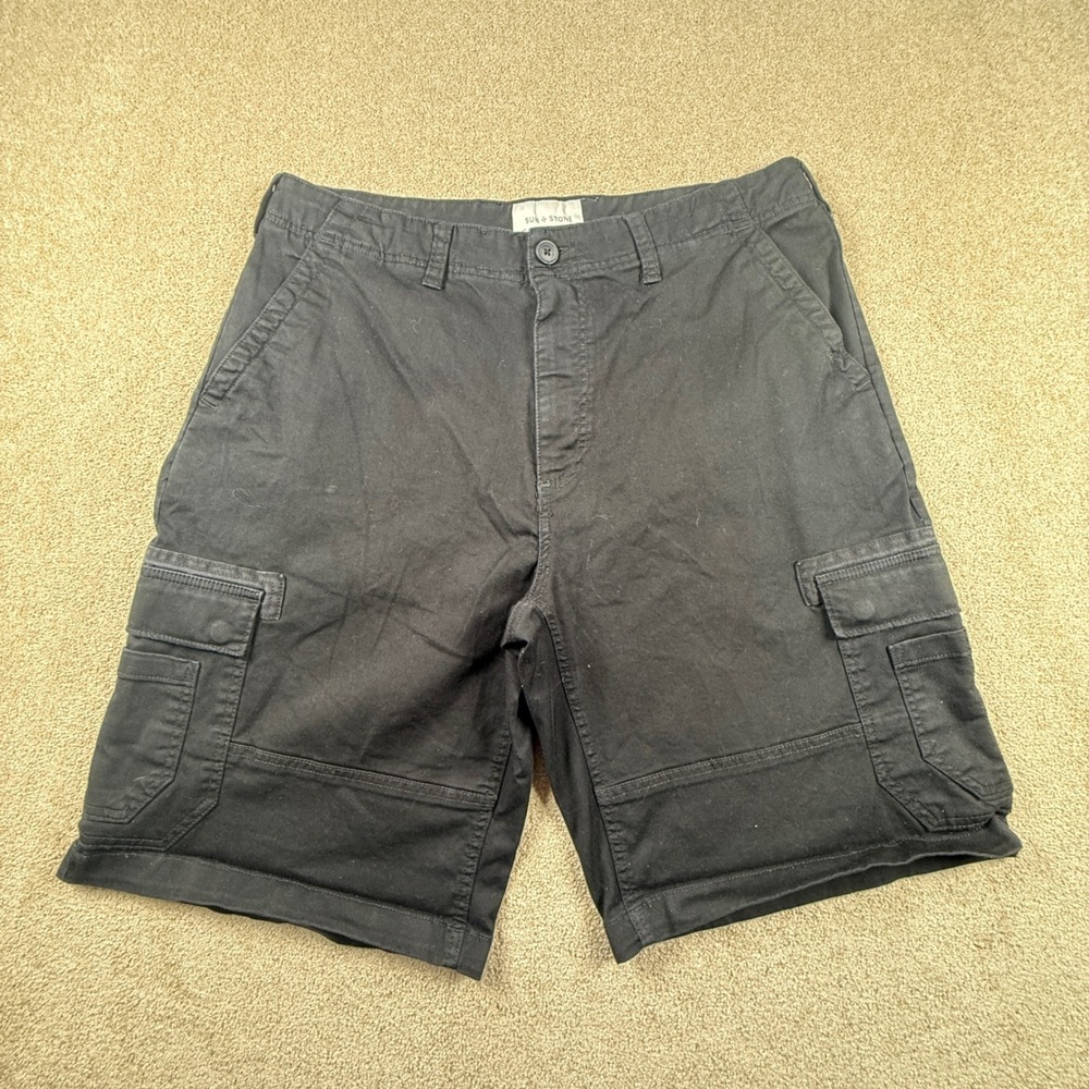 Sun + Stone Mens Black Cargo Shorts Size 38 Utility Multi Pocket Casual Cotton